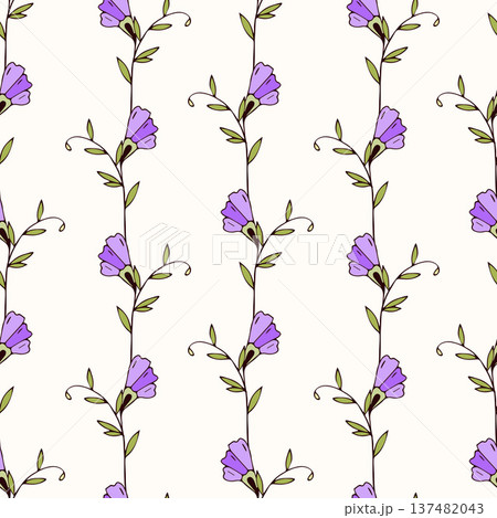 Ornament blooming Convolvulus with lilac buds. Bindweed violet flowers and branches are hand drawn on light background. 137482043