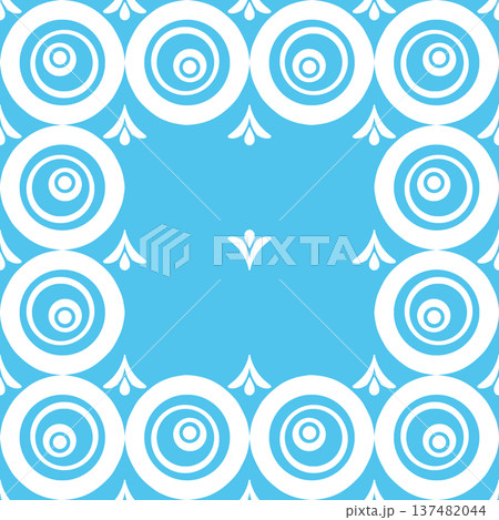 Blue and White Seamless Damask Pattern with Geometric Circles and Floral Ornaments 137482044