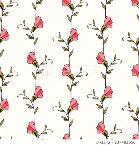 Pattern ornament blooming Convolvulus with pink buds. Bindweed flowers and branches are hand drawn on light background. 137482056