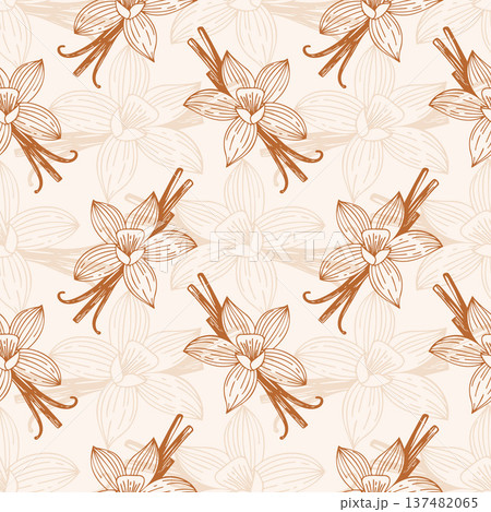 Aromatic soft creme pattern featuring vanilla flowers and pods. Warm brown and beige tones, perfect for backgrounds, textiles, food packaging, or cosmetics. 137482065