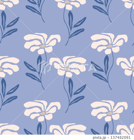 Boho style pattern with daisies on bright, fresh blue background. Suitable for textiles, packaging, and wallpaper. 137482091