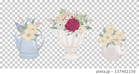 Vintage watercolour vase and rustic metal pot with purple and pink spring flowers, hand drawn isolated bouquets illustration Vintage watercolour vase and rustic metal pot with purple and pink spring flowers, hand drawn isolated bouquets illustration 137482150