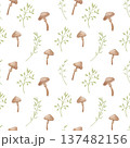 Seamless pattern with forest botanical plants mushroom and leaves on white background, woodland watercolour illustrations 137482156