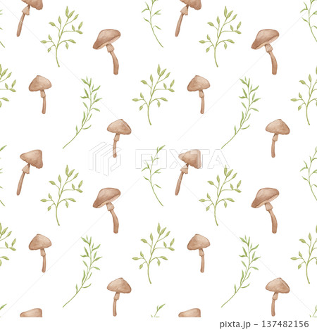 Seamless pattern with forest botanical plants mushroom and leaves on white background, woodland watercolour illustrations 137482156