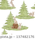 Seamless pattern with forest animals rabbit and fir tree on white background, woodland watercolour illustrations 137482176