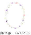 Oval watercolour floral frame, isolated drawing with pink and purple flowers 137482192