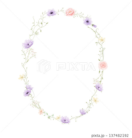 Oval watercolour floral frame, isolated drawing with pink and purple flowers 137482192