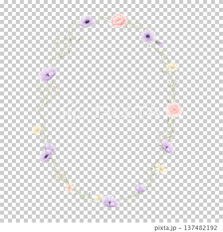 Oval watercolour floral frame, isolated drawing with pink and purple flowers 137482192