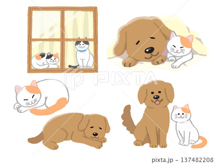 のんびり過ごす犬と猫のイラストセット 137482208