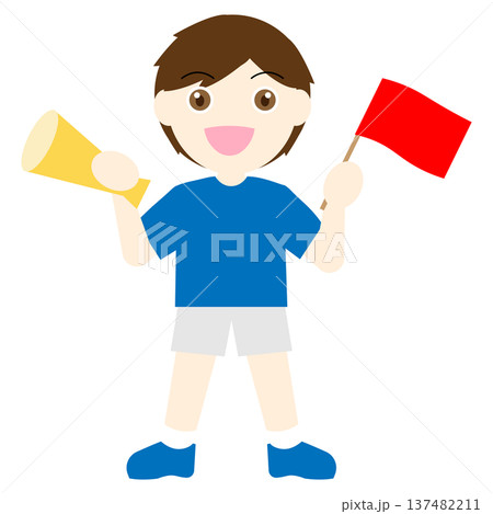 メガホンと旗を持って応援する男の子のイラスト 137482211