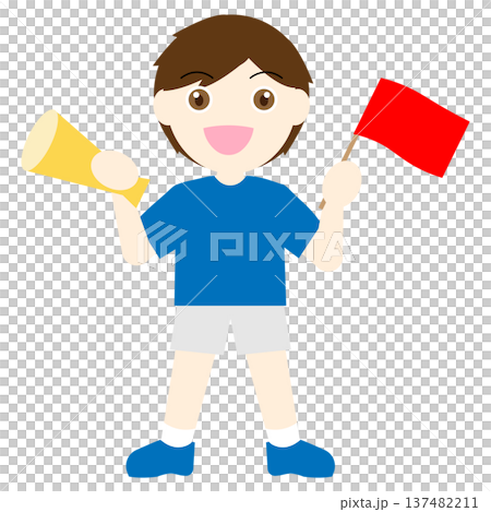 メガホンと旗を持って応援する男の子のイラスト 137482211