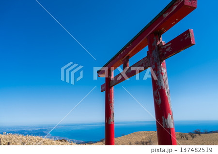 箱根駒ヶ岳山頂から相模湾を望む赤い鳥居と絶景 137482519