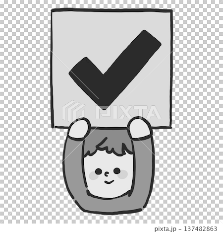 Illustration of a child holding up a check mark board (monochrome) 137482863