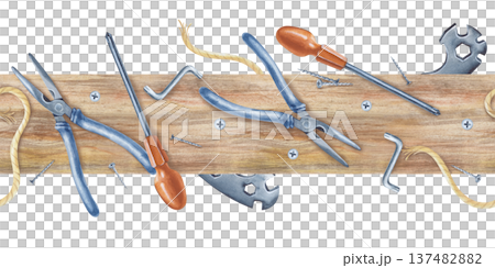 Horizontal seamless border with working tools on a wooden board. Watercolor illustration on an isolated background. Realistic men's home renovation tools. For DIY design and repair shops. Horizontal seamless border with working tools on a wooden board. Watercolor illustration on an isolated background. Realistic men's home renovation tools. For DIY design and repair shops. 137482882