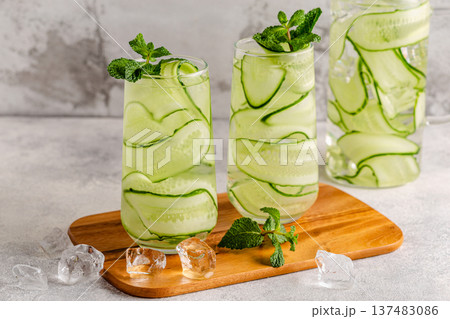 Fresh infused cucumber water on a light background 137483086