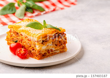 Traditional lasagna with bolognese sauce Traditional lasagna with bolognese sauce 137483187