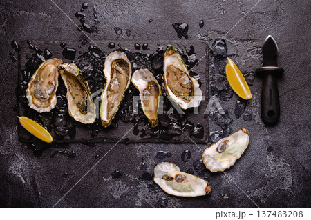Opened fresh oysters on a plate, served with lemon and ice. Opened fresh oysters on a plate, served with lemon and ice. 137483208