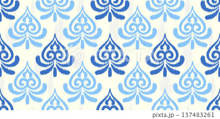 Ikat seamless pattern with abstract blue floral print. Textured traditional vector background for fabric. Oriental vintage rug decorative graphic. Ikat seamless pattern with abstract blue floral print. Textured traditional vector background for fabric. Oriental vintage rug decorative graphic. 137483261