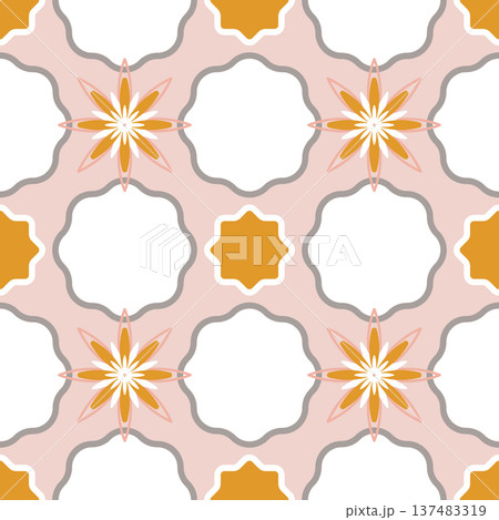Seamless Ornamental Starflower Pattern with Scalloped Frames. Mustard and Blush Vector Background Seamless Pattern for Textile Print, Fabric, Wallpaper, Wrapping Paper and Surface Design 137483319