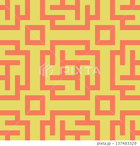Seamless Geometric Labyrinth Pattern with Interlocking Lines. Coral and Yellow Vector Background Seamless Pattern for Textile Print, Fabric, Wallpaper, Wrapping Paper and Surface Design 137483329