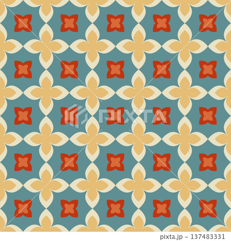 Seamless Geometric Floral Pattern with Petal Ornament. Red and Yellow Vector Background Ancient Seamless Pattern for Textile Print, Fabric, Wallpaper, Wrapping Paper and Surface Design Seamless Geometric Floral Pattern with Petal Ornament. Red and Yellow Vector Background Ancient Seamless Pattern for Textile Print, Fabric, Wallpaper, Wrapping Paper and Surface Design 137483331