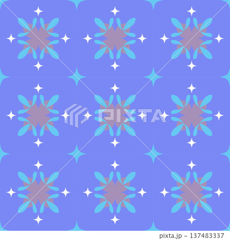 Seamless Decorative Floral Medallion Pattern with Sparkle Stars. Blue and Purple Vector Background Seamless Pattern for Textile Print, Fabric, Wallpaper, Wrapping Paper and Surface Design 137483337