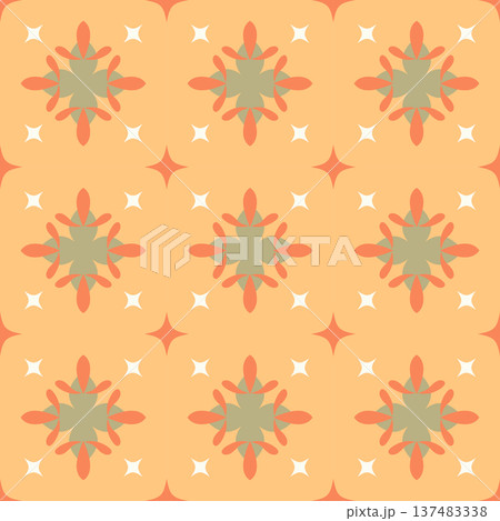 Seamless Retro Floral Medallion Pattern with Sparkle Stars. Peach and Green Vector Autumn Background Seamless Pattern for Textile Print, Fabric, Wallpaper, Wrapping Paper and Surface Design 137483338