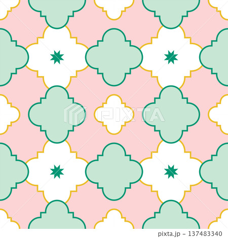 Seamless Moroccan Trellis Pattern with Star Details. Pastel Pink Vector Background Seamless Pattern for Textile Print, Fabric, Wallpaper, Wrapping Paper and Surface Design 137483340