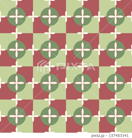 Seamless Checkerboard Medallion Pattern with Cross Flowers. Green and Red Vector Background Seamless Pattern for Textile Print, Fabric, Wallpaper, Wrapping Paper and Surface Design Seamless Checkerboard Medallion Pattern with Cross Flowers. Green and Red Vector Background Seamless Pattern for Textile Print, Fabric, Wallpaper, Wrapping Paper and Surface Design 137483341
