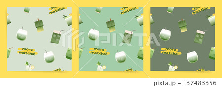 Seamless Cute Matcha Drink Pattern with Tea Cups. Green Vector Background Seamless Pattern for Textile Print, Fabric, Wallpaper, Wrapping Paper and Surface Design 137483356
