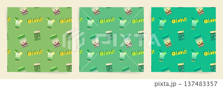 Seamless Cute Bubble Tea Pattern with Matcha Drinks. Green Vector Background Seamless Pattern for Textile Print, Fabric, Wallpaper, Wrapping Paper and Surface Design Seamless Cute Bubble Tea Pattern with Matcha Drinks. Green Vector Background Seamless Pattern for Textile Print, Fabric, Wallpaper, Wrapping Paper and Surface Design 137483357