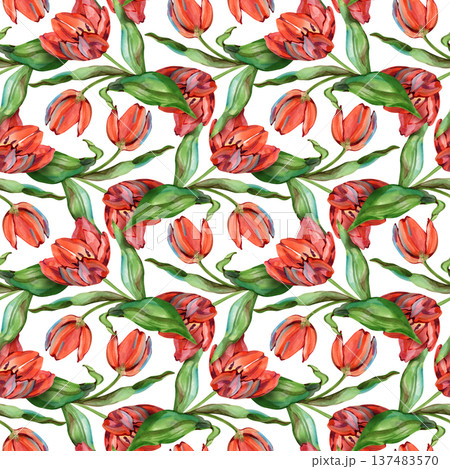 Hand-painted watercolor seamless pattern featuring rows of red tulips and green leaves. This elegant botanical design with soft textures is ideal for spring textiles, floral wallpapers, and romantic Hand-painted watercolor seamless pattern featuring rows of red tulips and green leaves. This elegant botanical design with soft textures is ideal for spring textiles, floral wallpapers, and romantic 137483570