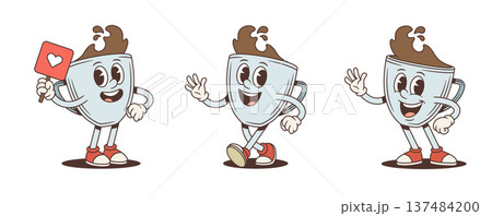 Retro Coffee Cup Cartoon Character Mascot Vector Illustration Art Set 137484200