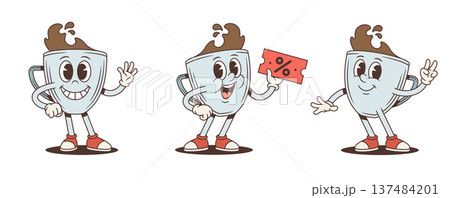 Retro Coffee Cup Cartoon Character With Coupon Vector Illustration Set Retro Coffee Cup Cartoon Character With Coupon Vector Illustration Set 137484201