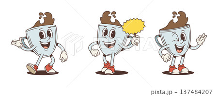 Cheerful Coffee Cup Cartoon Character Vector Illustration With Blank Sign Poses Set Cheerful Coffee Cup Cartoon Character Vector Illustration With Blank Sign Poses Set 137484207