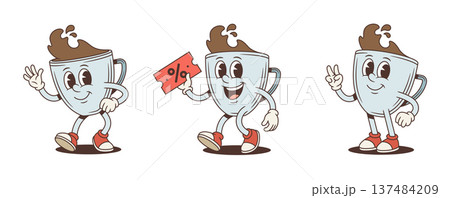 Promo Coffee Cup Cartoon Character Vector Illustration With Coupon Poses Set Promo Coffee Cup Cartoon Character Vector Illustration With Coupon Poses Set 137484209