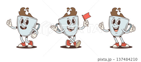 Active Coffee Cup Cartoon Character Vector Illustration With Flag Poses Set 137484210