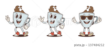 Groovy Coffee Cup Cartoon Character Vector Illustration Gestures Collection Groovy Coffee Cup Cartoon Character Vector Illustration Gestures Collection 137484212