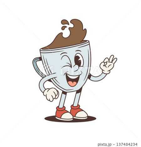 Friendly Winking Coffee Cup Shows OK Sign Cartoon Character Vector Illustration Friendly Winking Coffee Cup Shows OK Sign Cartoon Character Vector Illustration 137484234