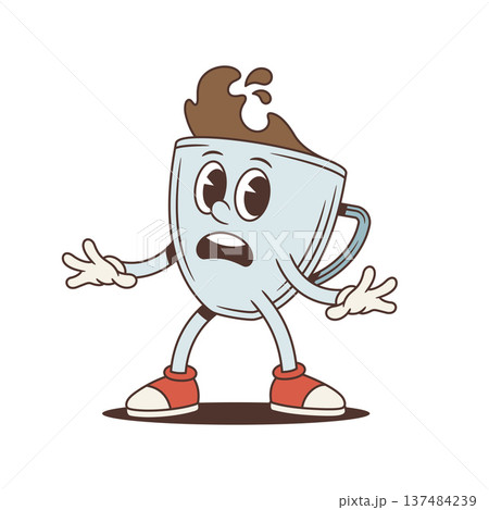 Scared And Shocked Coffee Cup In Groovy Retro Cartoon Character Vector Illustration 137484239