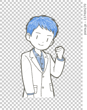 Hand-drawn illustration of a male medical professional in a white coat with a motivated expression and a fist pump Hand-drawn illustration of a male medical professional in a white coat with a motivated expression and a fist pump 137484270