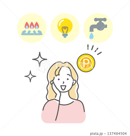 水道光熱費のポイントについて喜ぶ主婦のイラスト素材 137484504