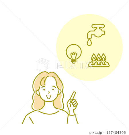 ガス・電気・水道について説明する主婦のイラスト素材 137484506