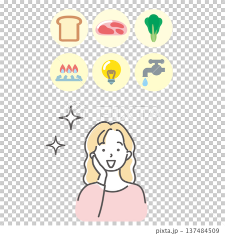 Illustration material of a housewife happy about food expenses and utility bills 137484509