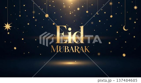The image displays a festive and elegant design with the words Eid Mubarak surrounded by golden stars and crescents set against a dark background. 137484685