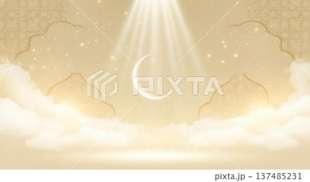 A serene golden background with clouds and a crescent moon illuminated by soft rays of light 137485231