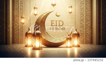 A beautifully designed festive display celebrating Eid Mubarak with a golden crescent moon and glowing lanterns in an elegant setting 137485232