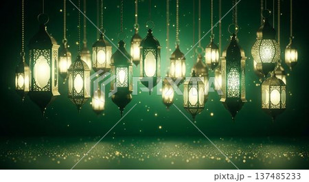 A beautiful display of traditional lanterns hanging from the ceiling with glowing lights creating a festive atmosphere 137485233