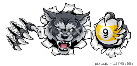 Wolf and 9 Ball Nine Ball Pool Cartoon Mascot Wolf and 9 Ball Nine Ball Pool Cartoon Mascot 137485688