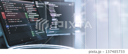 Futuristic Programming Workspace with Code Screens and Transparent UI Overlay Background Futuristic Programming Workspace with Code Screens and Transparent UI Overlay Background 137485733